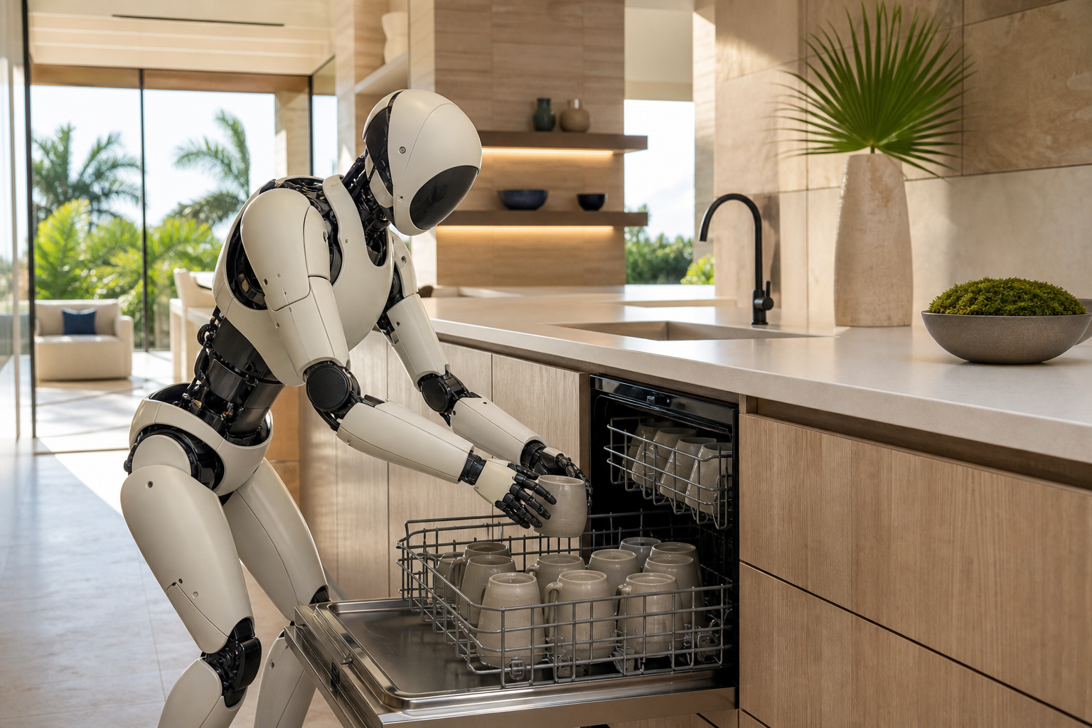 Humanoid service robot working in a modern kitchen demonstration environment