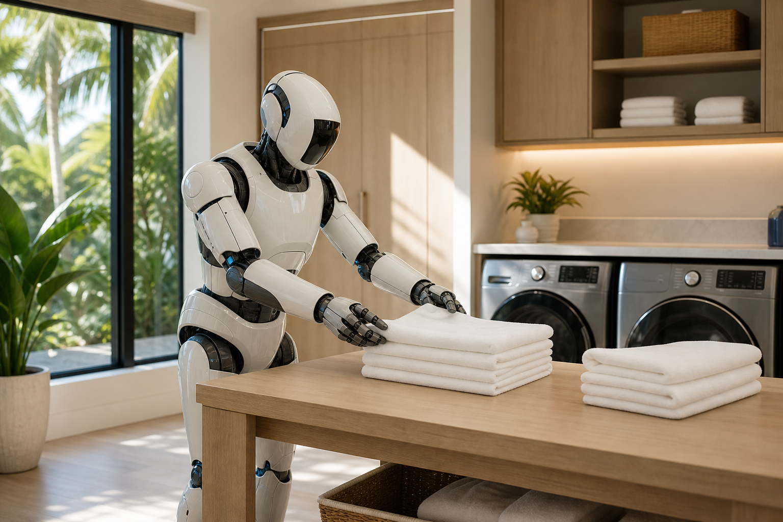 Humanoid service robot folding laundry in a home demonstration room