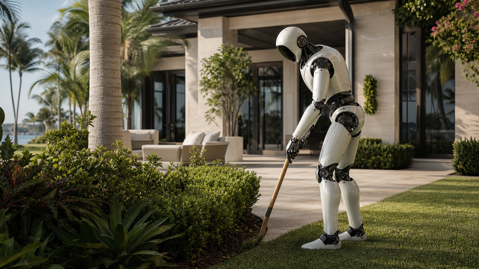 Humanoid service robot performing light property care at a Florida home